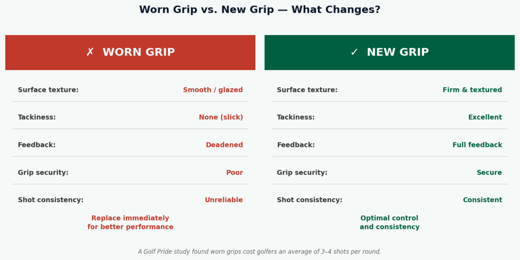 Performance comparison: worn grip vs. new grip. Golf Pride study: worn grips cost golfers 3–4 shots per round on average. 