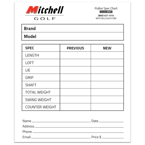 Mitchell Golf Mitchell Putter Spec Charts